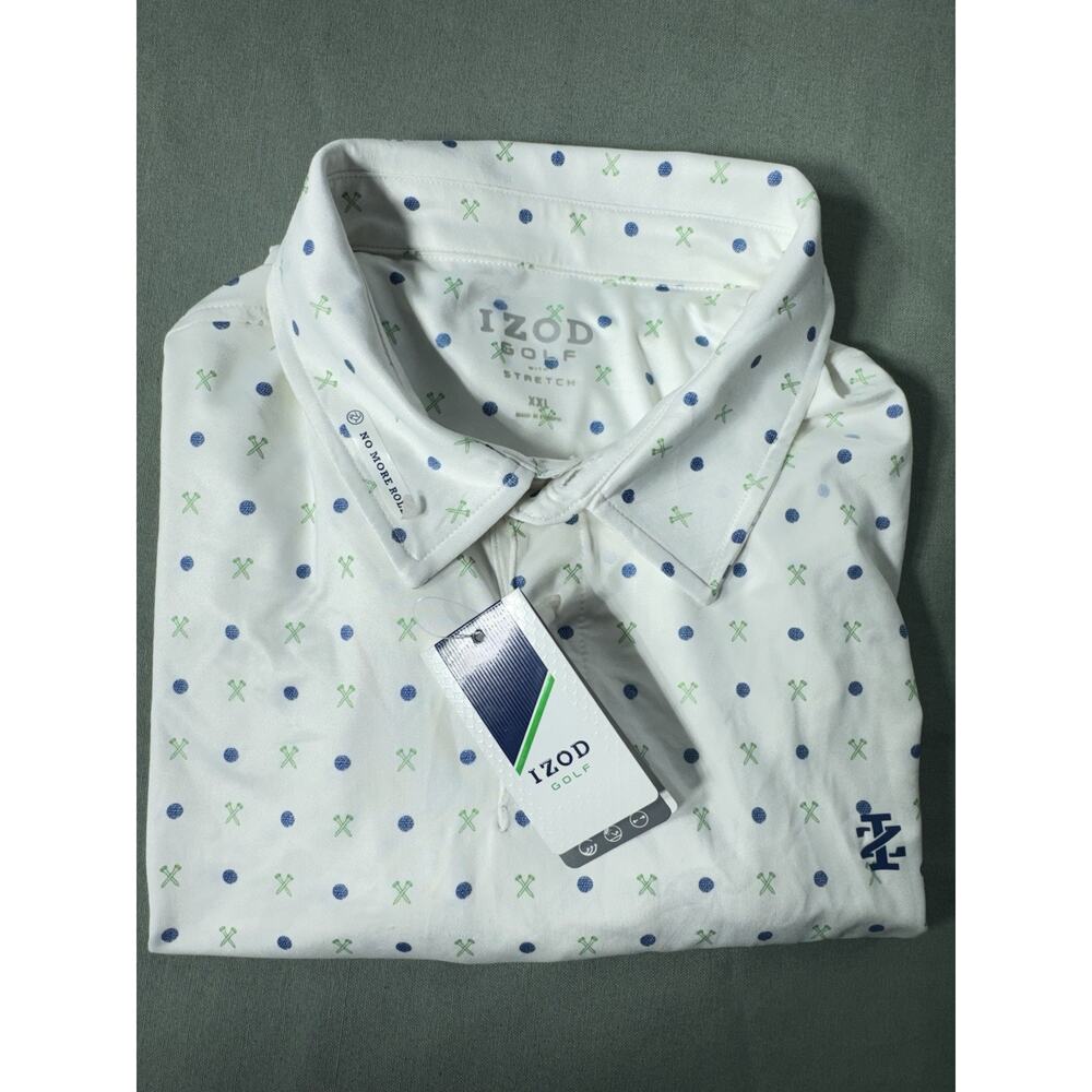 IZOD Golf Polo Shirt Men’s XXL White Blue Green Golf Print Performance Stretch